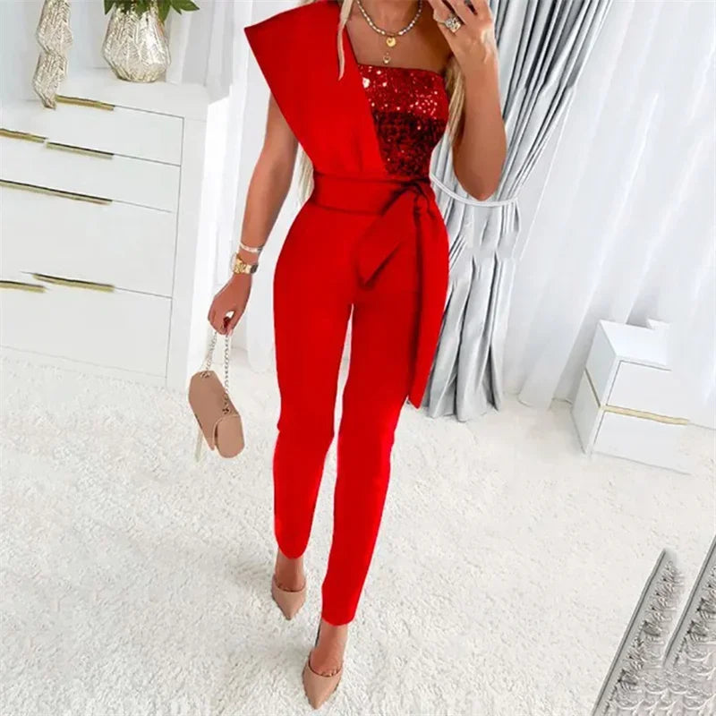 Women's One Shoulder Backless Sequined Jumpsuit Slim Fit Stretch Lace-Up High Waist Romper with Back Zipper