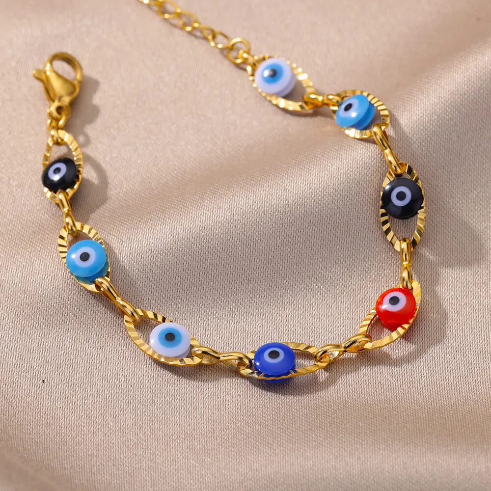 Gothic Rainbow Evil Eye Bracelet for Women Stainless Steel Gold Color Turkish Charm Chain Jewelry