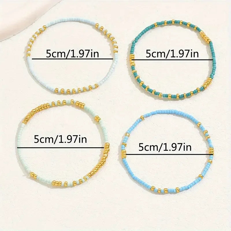 4 Piece Turquoise Seedbead Stretch Bracelet Set for Women - Handmade Bohemian Elastic Jewelry with Gold Color Glass Beads
