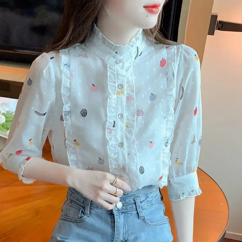 Women's Sweet Floral Print Chiffon Blouse with Edible Tree Fungus Collar, Half Sleeve Lightweight Summer Top, Casual and Comfortable White Shirt