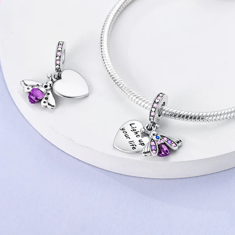 Glowing Luminous Firefly Butterfly Pendant Charm Beads in 925 Sterling Silver for Bracelet Jewelry