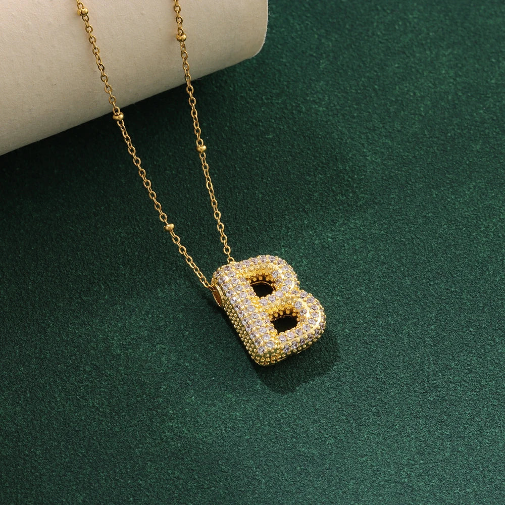 Luxury Zircon Crystal Initial Necklace for Women Stainless Steel Choker Chain Jewelry