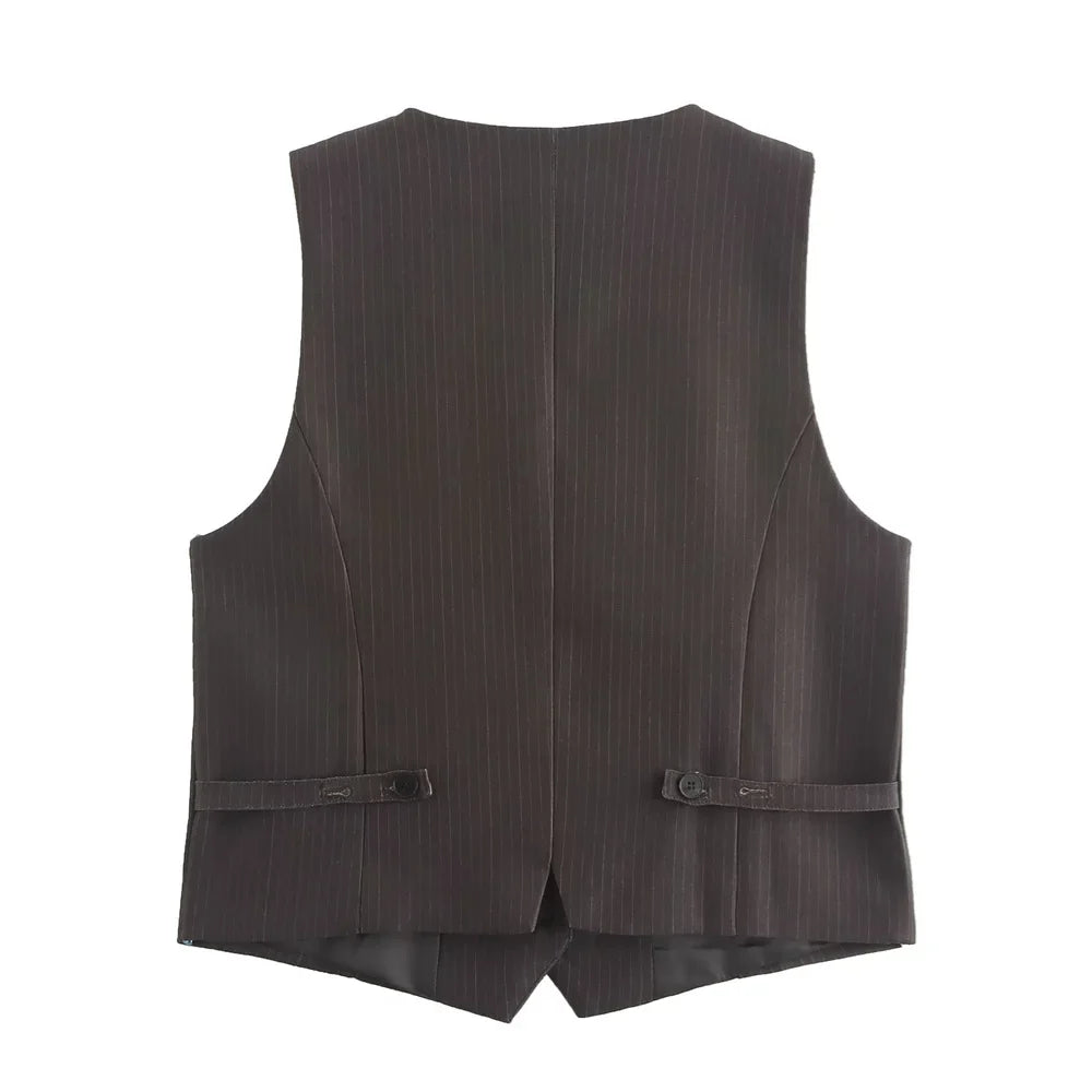 Autumn Women's Fashion Striped Loose Suit Coat with Buckle Decoration and High Waist Striped Pants Set