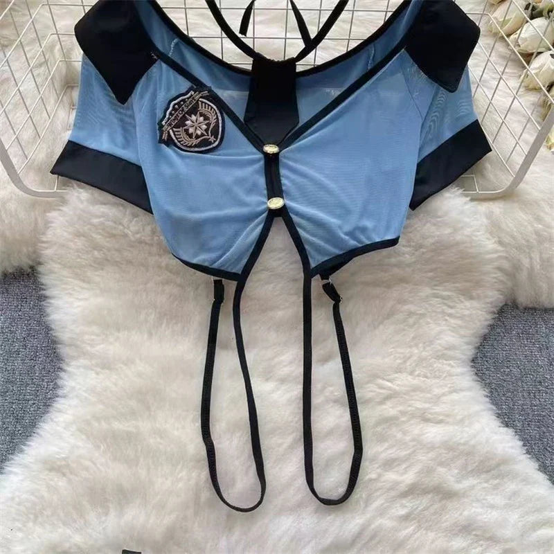 Women Preppy Sexy Uniform Set Sheer V Neck Top Lace Up Mini Skirt Hollow Out Thong Lingerie Cosplay Costume