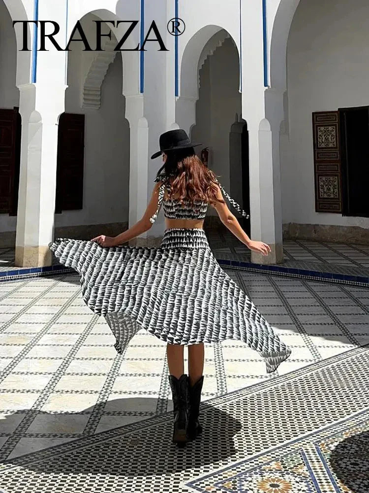 Women's Fashion Print Set Sexy Backless Sleeveless Slim Lace-Up Corset Crop Top with Elegant A-Line Pleated Midi Skirt