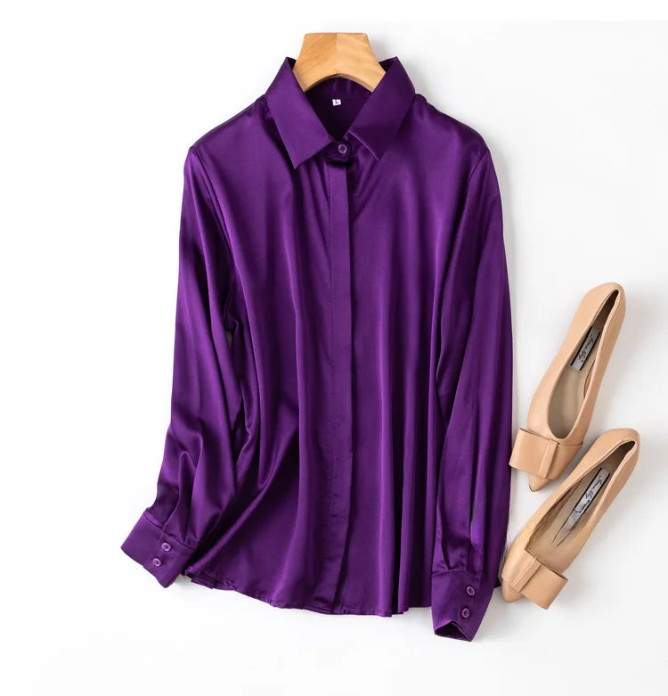 Women Satin Silk Shirt 93% Mulberry Silk 7% Spandex 19 Momme Classic Long Sleeve Blouse Solid Color Office Top for Women M L XL XXL