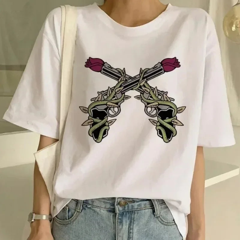 Pistola N Roses Hip Hop Street Style Punk Fashion T-Shirt for Women