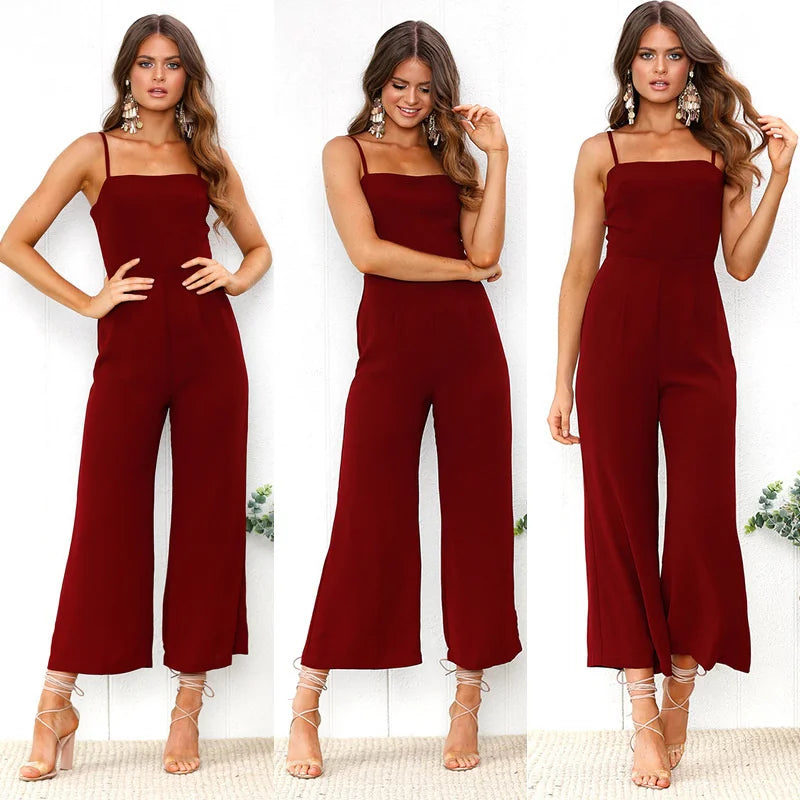 Women Sleeveless Bib Dungarees Jumpsuit Casual Loose Fit Solid Color Wide Leg Overalls with Spaghetti Straps for Autumn