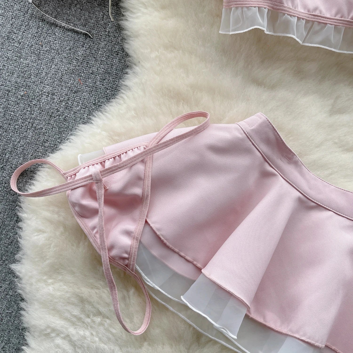 Sexy Two-Piece Cosplay Set with High Waist Hollow Ruffled Bubble Sleeve Crop Top and Sheer Layered Short Skirt