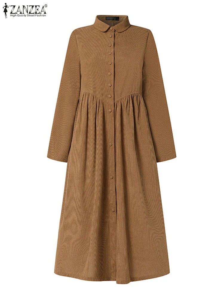 Women Autumn Corduroy Dress With Button Front And Pockets