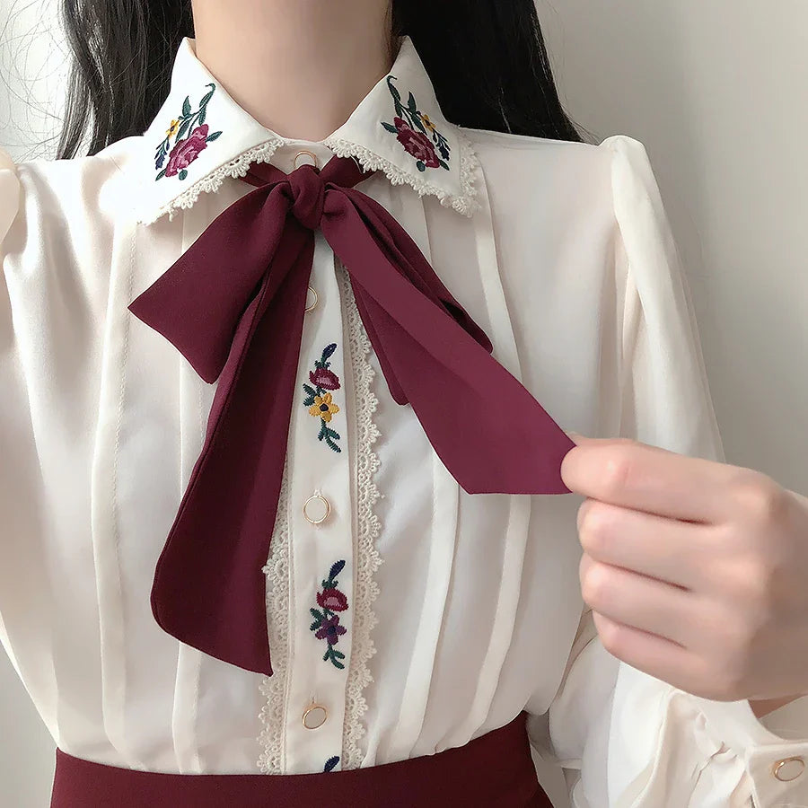 Women's Elegant Bow Tie Ribbon Blouse Button Down Vintage Preppy Style Formal Shirt