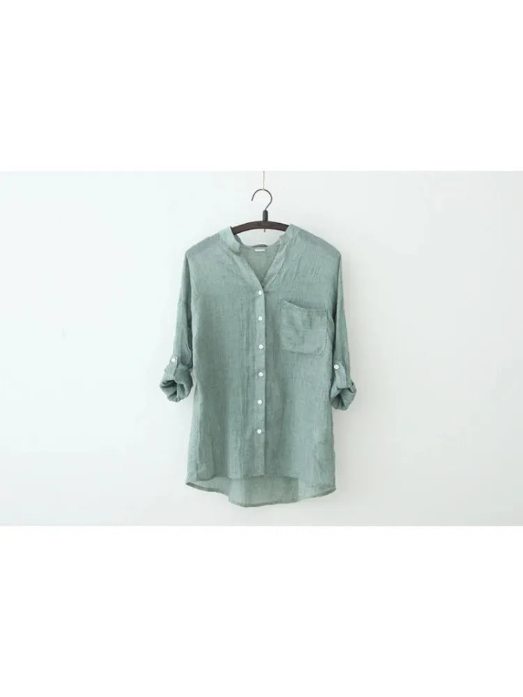 Elegant Feminine Cotton Linen Blouse Large Size Vintage Style Summer Shirt for Women Fashionable Lightweight Korean Inspired Top