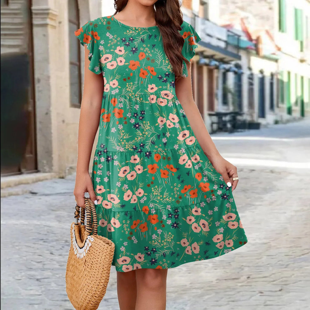 Summer Knit Print Casual Dress With Flowy Sleeves For Women