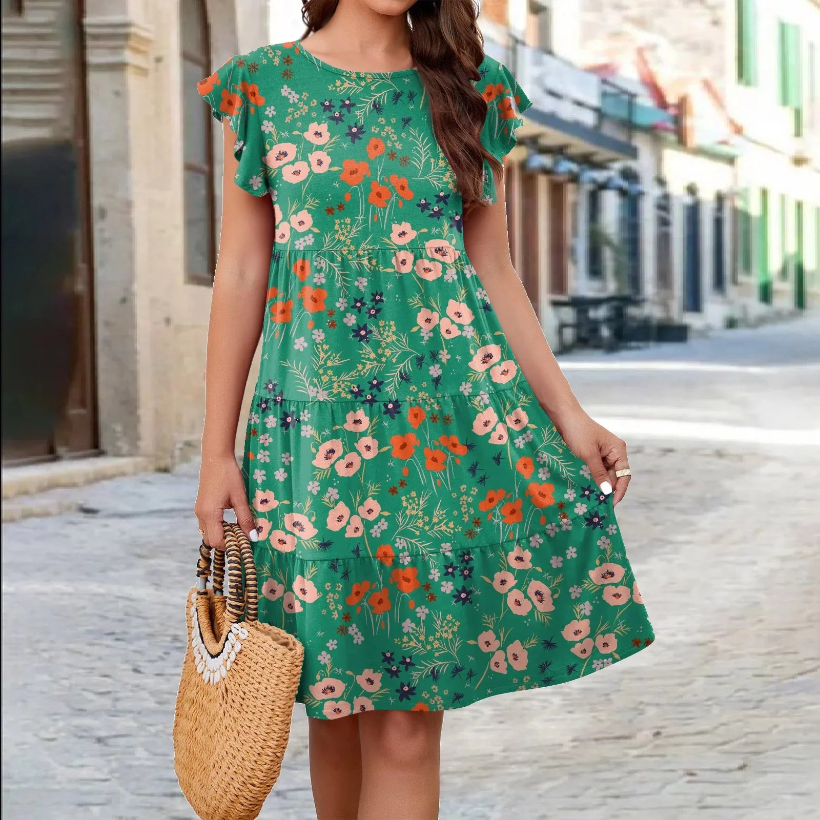 Summer Knit Print Casual Dress With Flowy Sleeves For Women