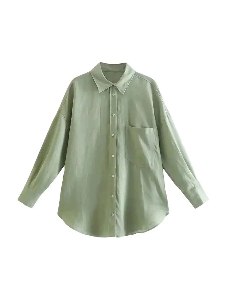 Women's Oversized Vintage Long Sleeve Button-Up Shirt with Pocket Chic Blouse Top