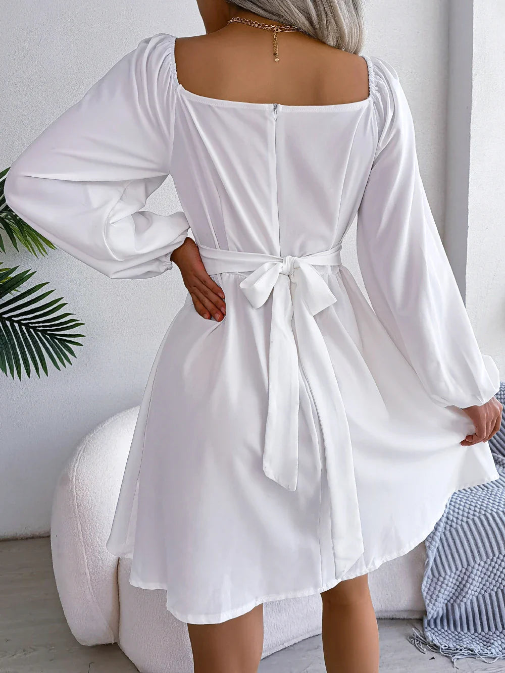 Square Neck Long Sleeve Pleated Mini Dress High Waist