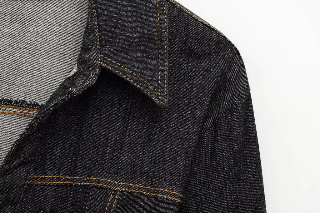 Women Black Denim Pants Set with Fitted Shirt and Patch Pockets Straight Leg Jeans Suit