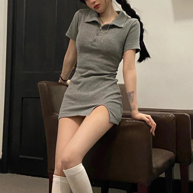 Women Summer Dress Short Sleeve Mini Turn Down Collar
