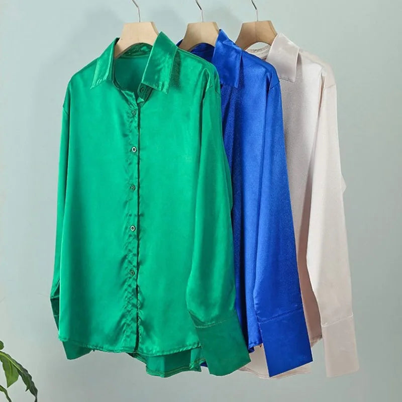 Elegant Satin Long Sleeve Blouse for Women Vintage Blue Green Silk Casual Loose Button Up Shirt Stylish and Comfortable Female Tops