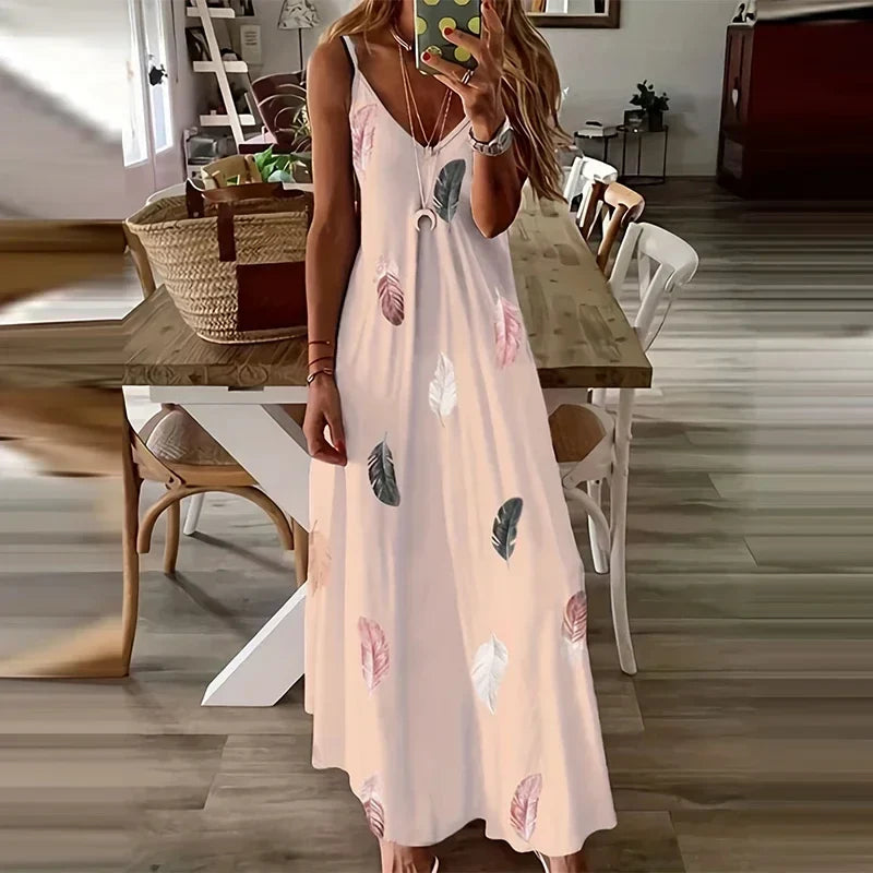 Feather Print Maxi Dress V Neck All Season Comfort Stretch