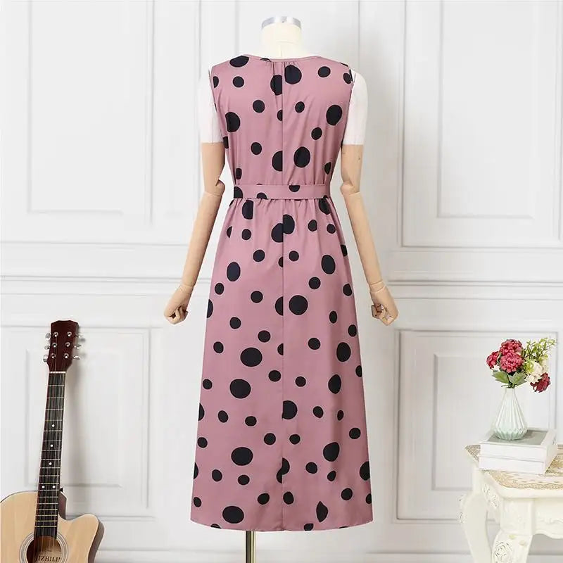 Polka Dot Kaftan Dress For Women Belted Waist Sleeveless