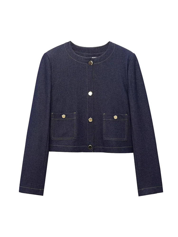 Fashion Women Solid Jacket and Wide Leg Pant Set with Cropped Coat and Zipper Details