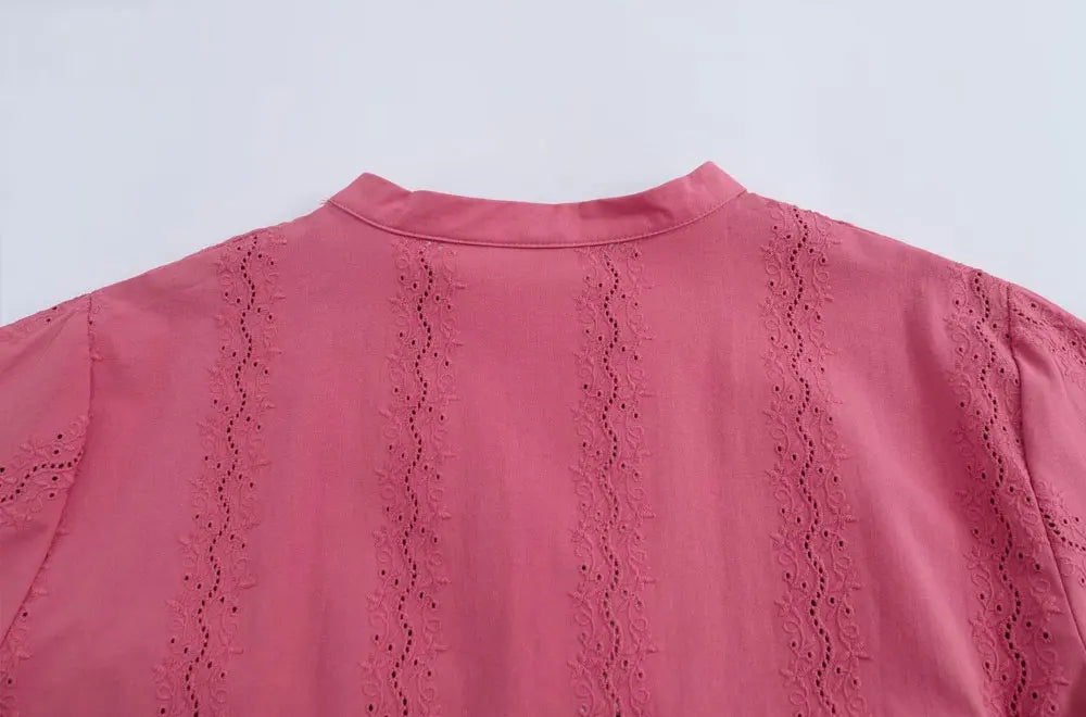 Womens Long Sleeve Cutwork Embroidery Shirt Chic Blouse with Front Covered Buttons Elegant Fashion Top