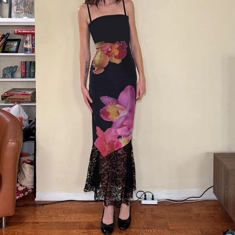 Black Lace Backless Maxi Dress Sleeveless Summer Clubwear