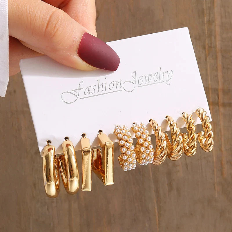 Gold Vintage Pearl Geometry Earrings Set for Women - Simple Trendy Dangle Jewelry