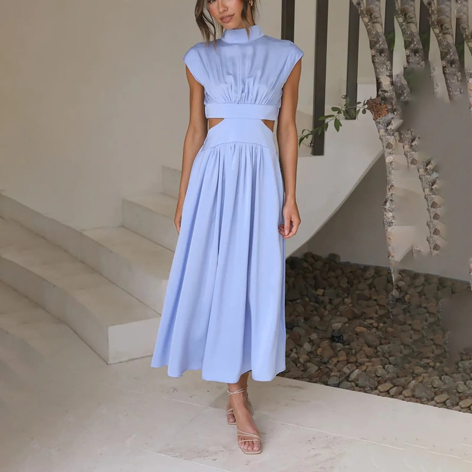 Solid Color High Waist Maxi Dress Sleeveless With Pockets