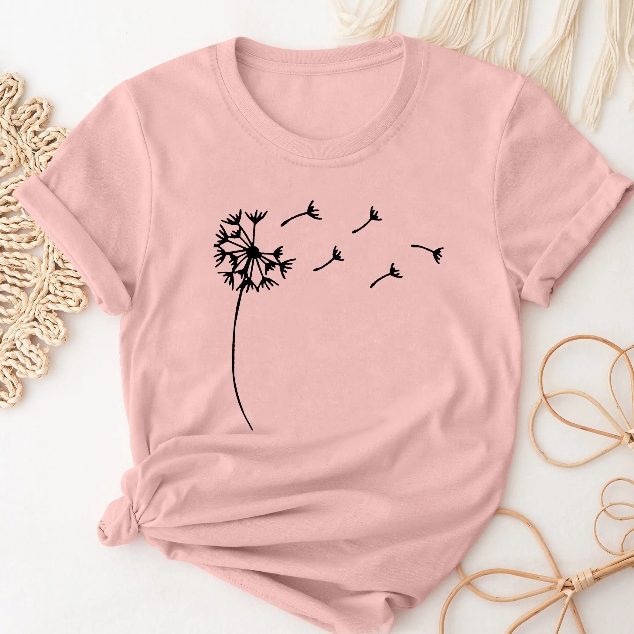 Dandelion Print Casual Crew Neck T-Shirt for Women, Short Sleeve Spring and Summer Top
