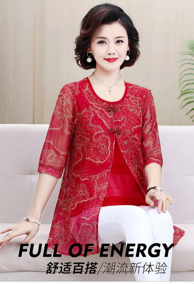 Women's Summer Shirt Casual Loose Fit Fake Two-Piece Printed Top for Middle-Aged and Elderly