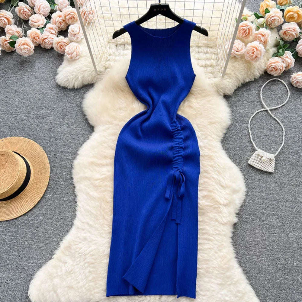 Summer Knitted Bodycon Dress Drawstring Split Black Women