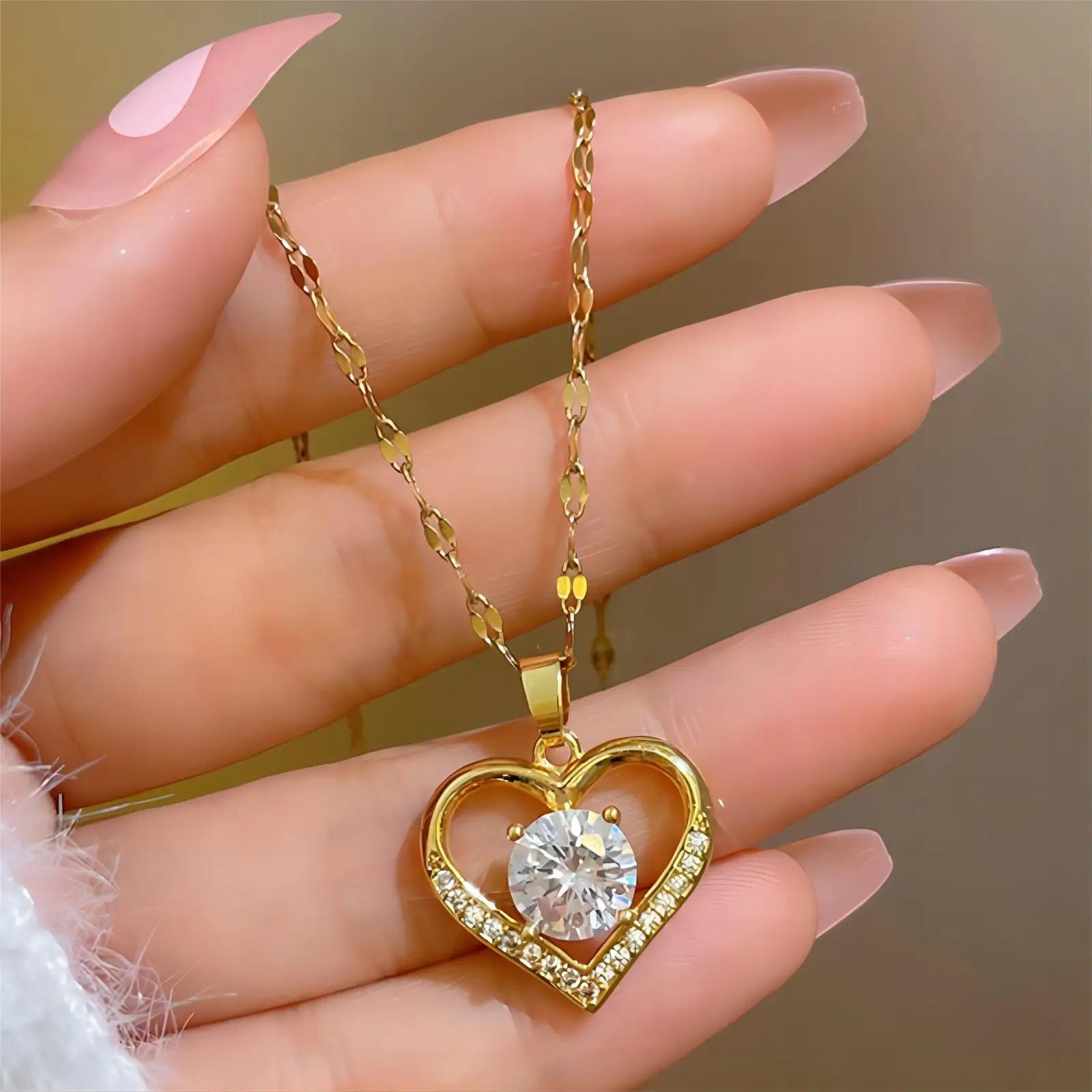 Trendy Heart Stainless Steel Zirconia Necklace for Women - Elegant Gold Color Jewelry for Parties and Daily Wear