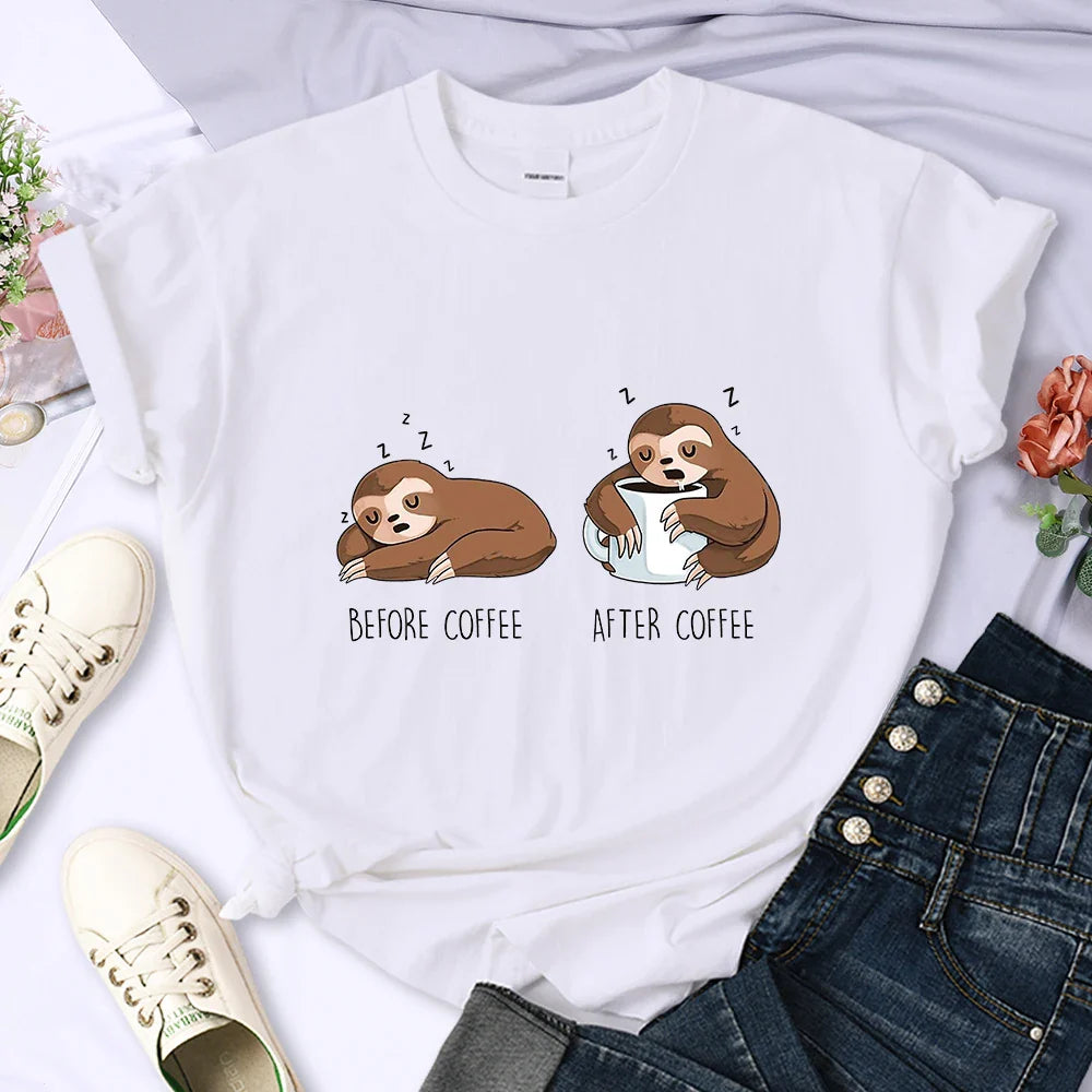 Before Coffee After Coffee Kawaii Sloth T Shirt for Women Casual Fashion Short Sleeve Breathable Tee