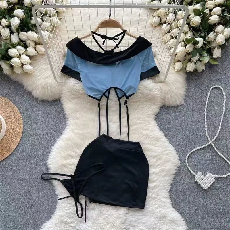 Women Preppy Sexy Uniform Set Sheer V Neck Top Lace Up Mini Skirt Hollow Out Thong Lingerie Cosplay Costume