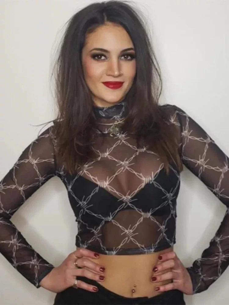 Mesh Long Sleeve Crop Top for Women with Chain Print Vintage Streetwear Fishnet Design