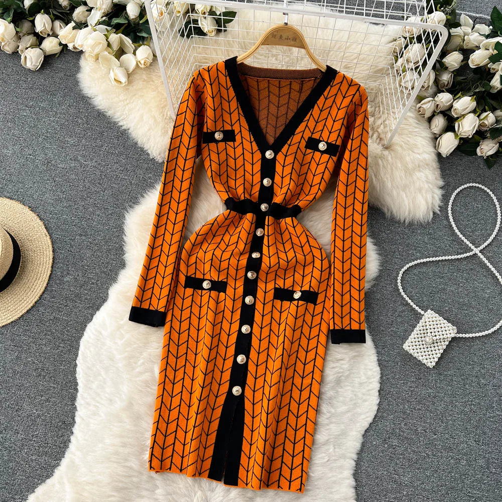 Autumn Plaid Knit Dress Women V Neck Elastic Waist Midi