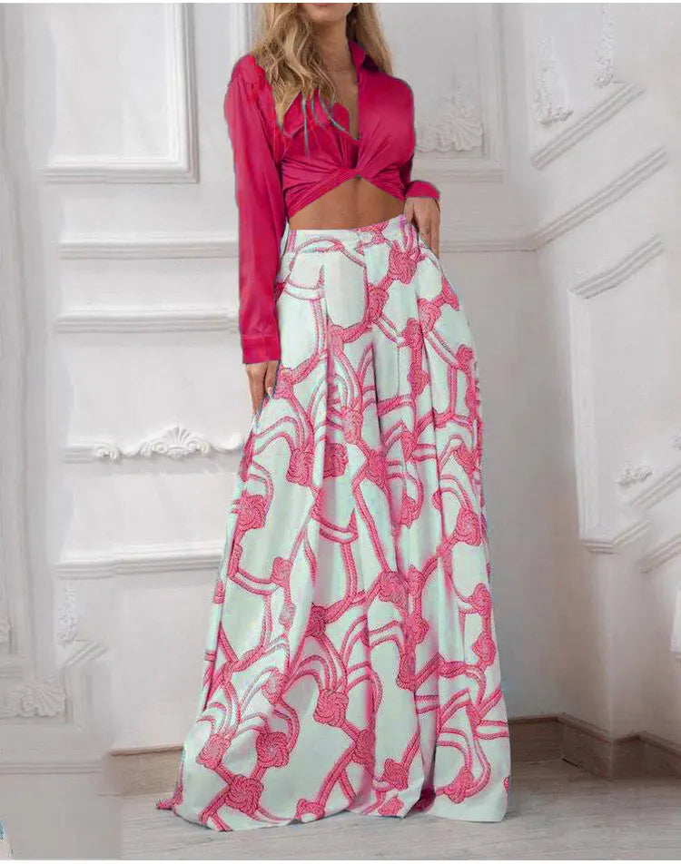 Printed Casual Suit with Lace-Up Shirt and High Waist Wide Leg Pants Set for Women