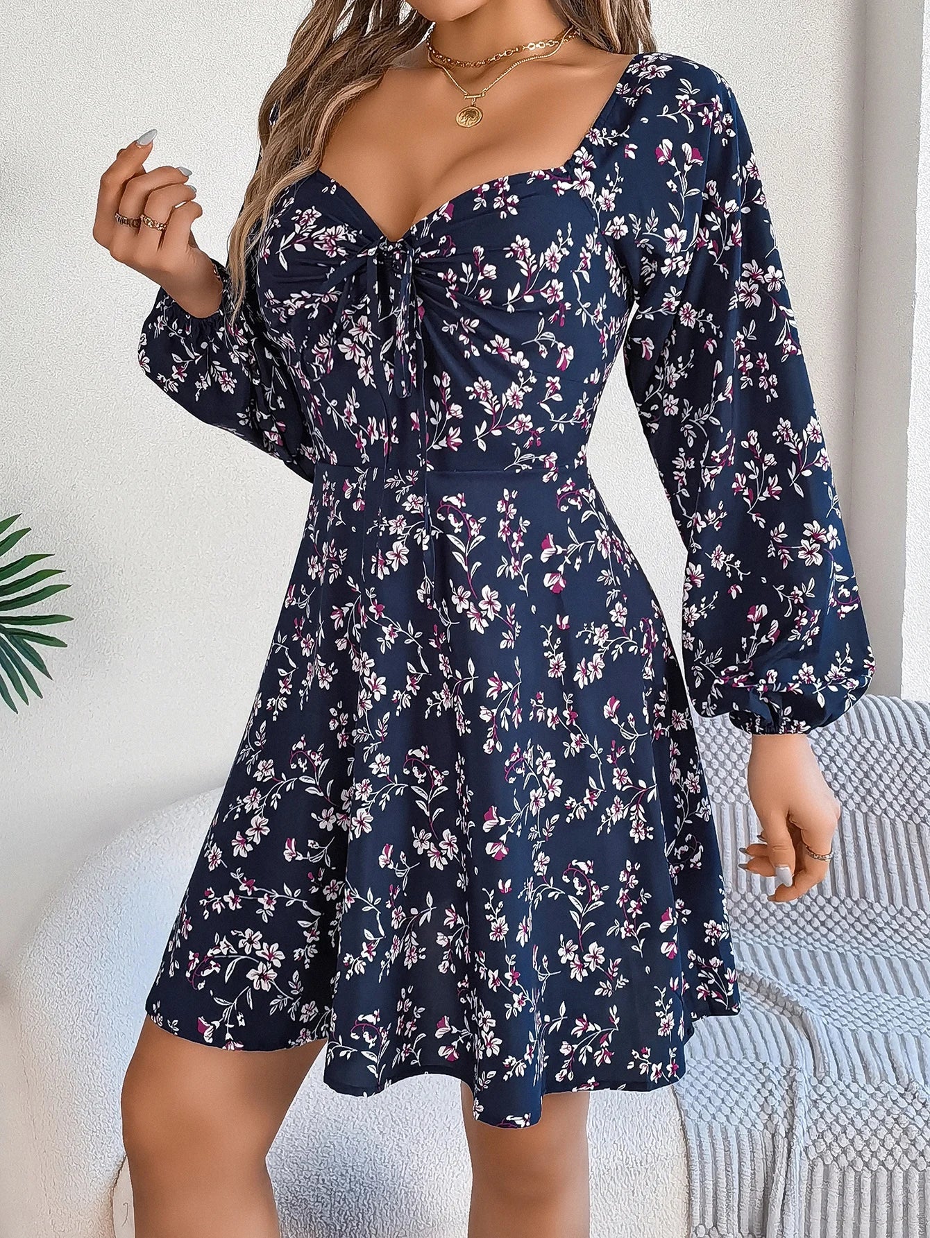 Floral Print Square Neck Dress With Long Sleeve Lace Up