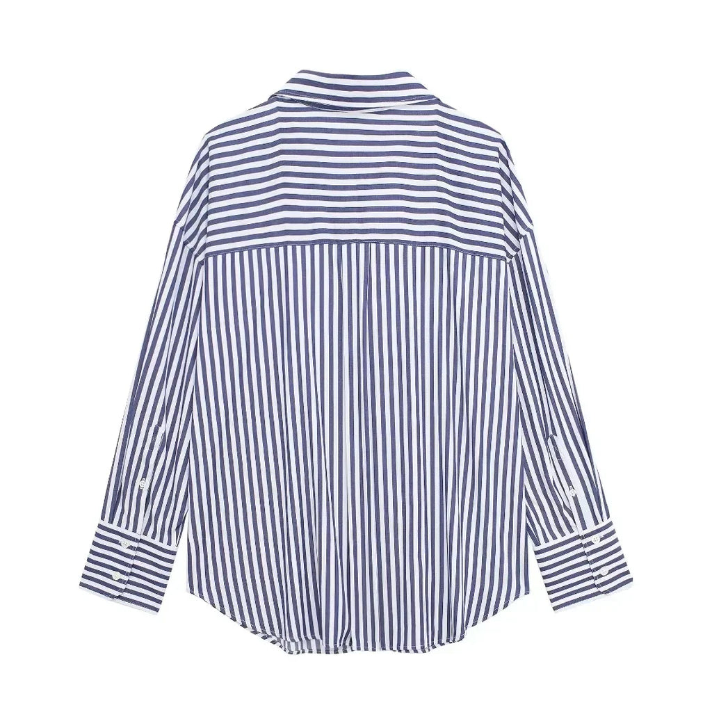 Women's Casual Striped Single Breasted Long Sleeve Lapel Blouse Elegant Solid Color Office Shirt Chic Top