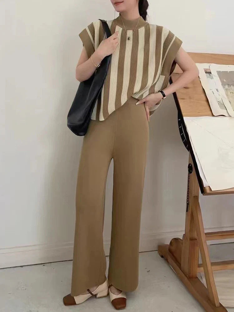 Women Casual Striped Sweater Pant Set Autumn Winter Knitted Short Sleeve Tops and Elastic Sweater Pants