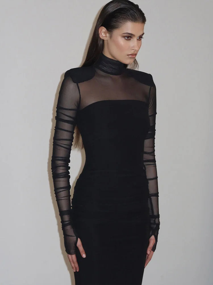 Mesh Patchwork See Through Dress For Women Turtle Neck