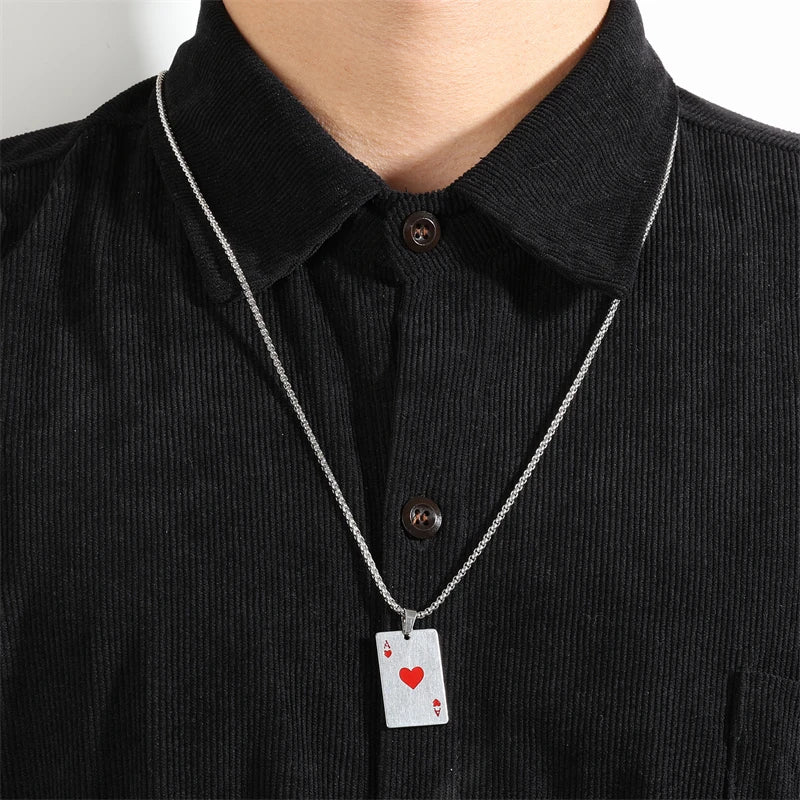 2 Piece Set Stainless Steel Poker Card Ace of Spades Necklace Unisex Pendant Chain Playing Cards Jewelry