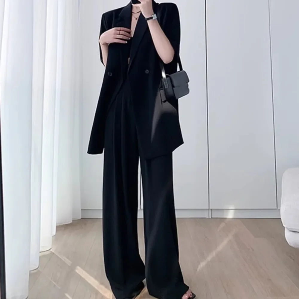 Short Sleeve Wide Leg Pants Blazer Suit Set for Women Summer Business Casual Attire