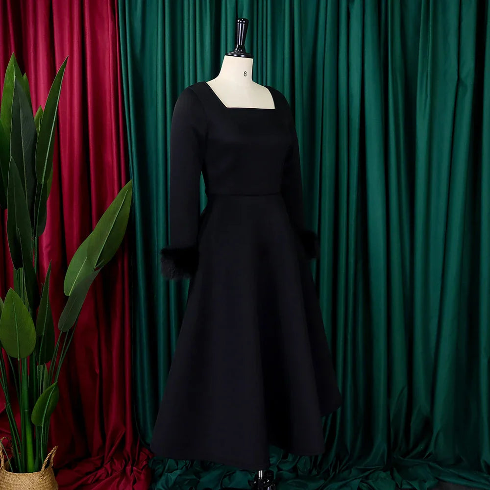 Square Neck Party Dress Women Pleated A Line Mid Calf