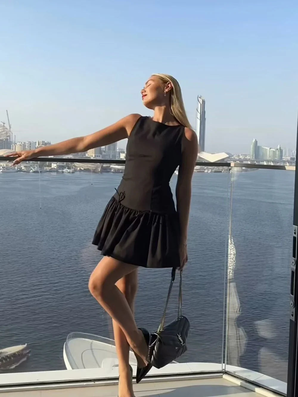 Bow Embellished Sleeveless Pleated Patchwork Dress Women