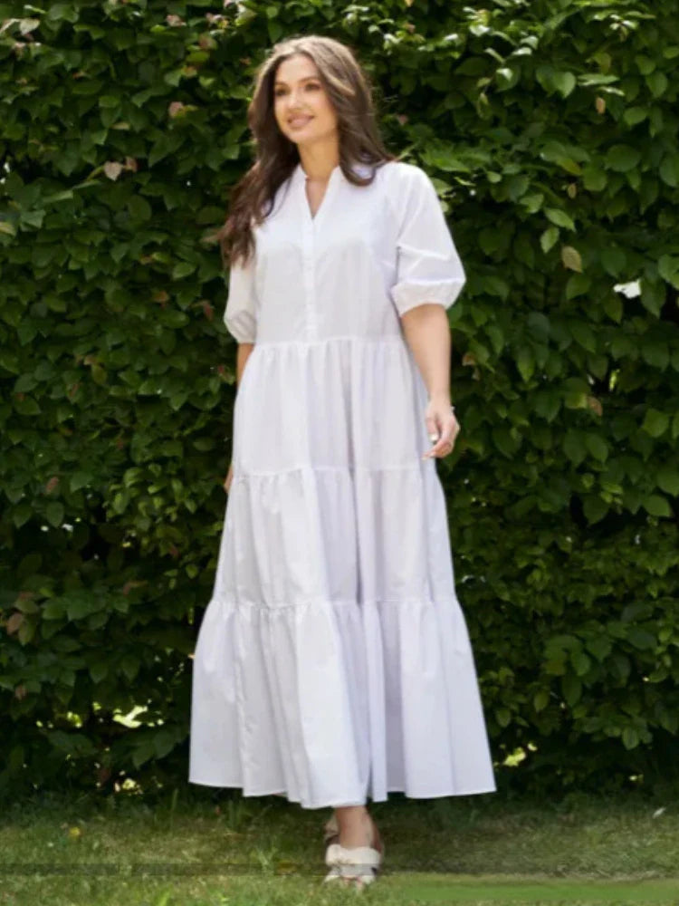 Summer Dress Solid Color Loose Fit Women Half Sleeves