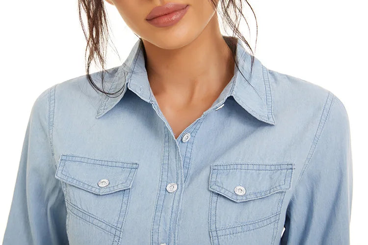 Light Blue Slim Fit Cotton Denim Shirt for Women Long Sleeve Casual Thin Jeans Blouse Top