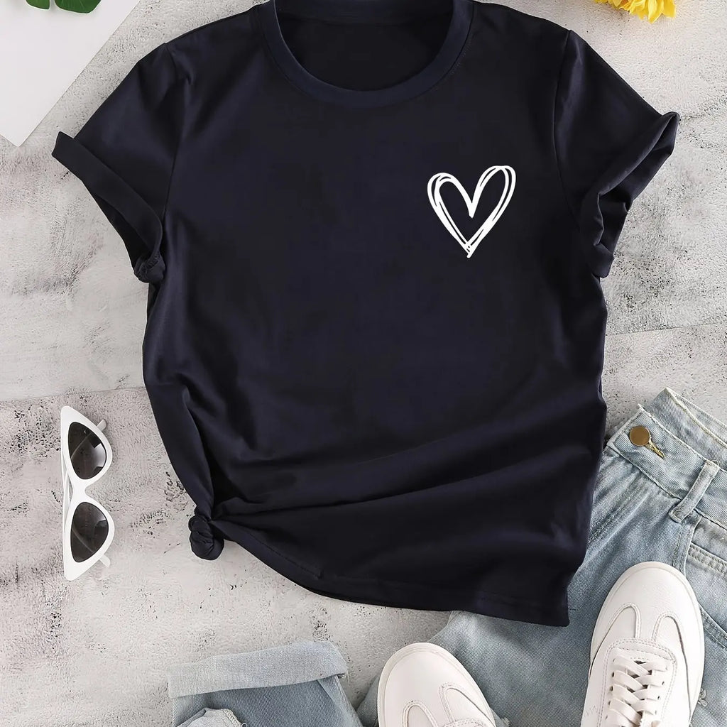 Heart Print Casual T-Shirt for Women, Crew Neck Short Sleeve Everyday Top